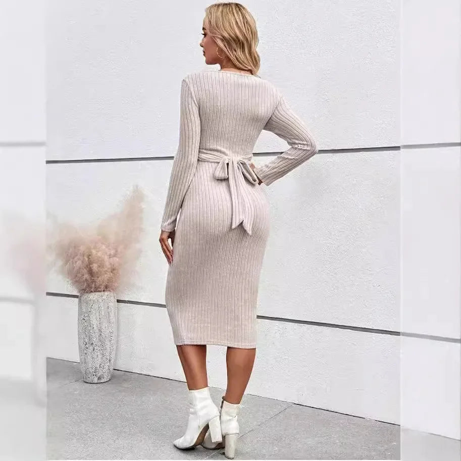 Autumn Winter American Casual Across Ties A Line Slim Dress Maternity Elegant Clothes Midi Dress Milanni Fashion   