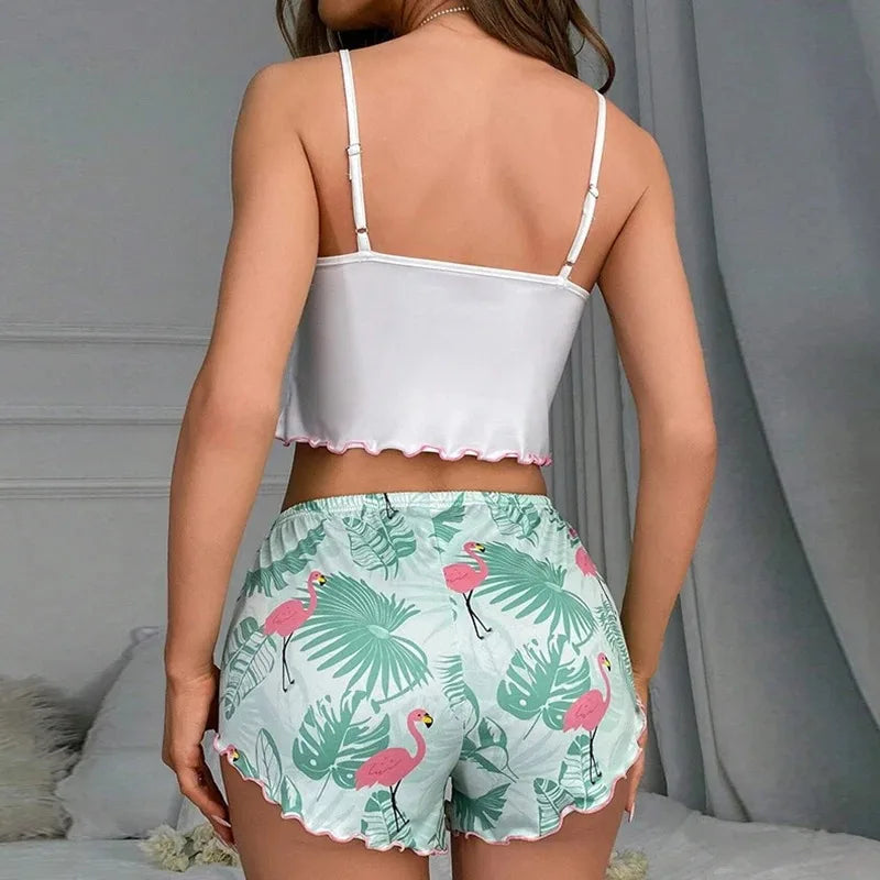 Sleeveless V-Neck Top & Shorts Women Sleepwear Set with Cute Cartoon Flamingo Print for Relaxation Milanni Fashion