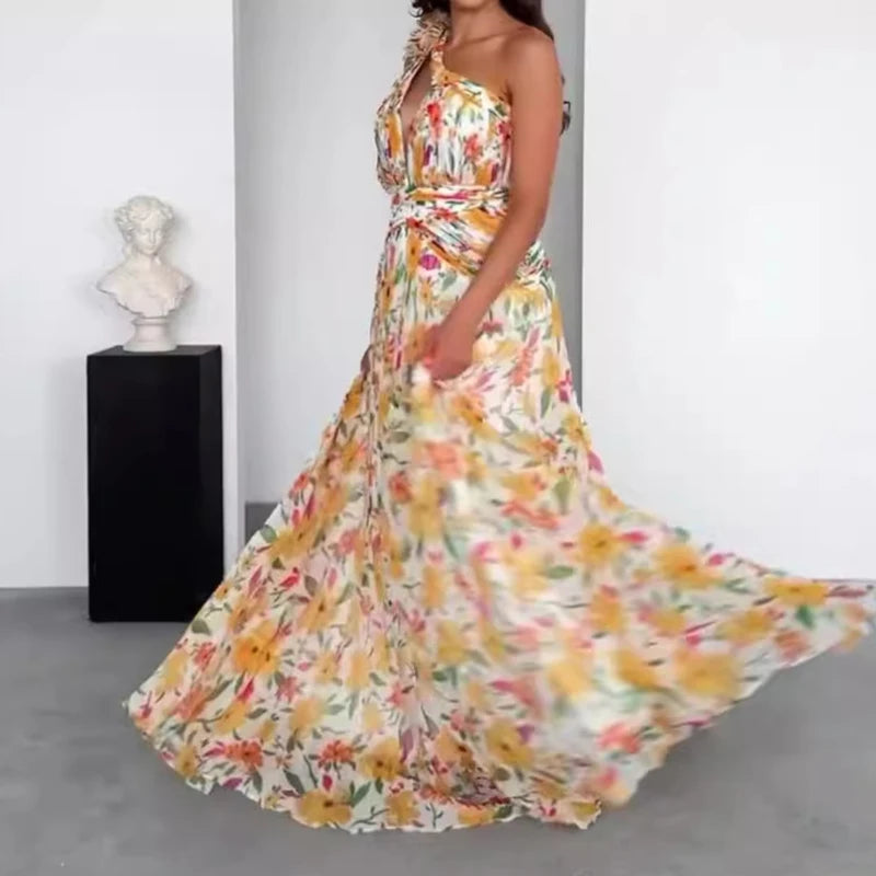 Sexy Diagonal Collar Hollow Out Evening Dress Women Elegant Floral Print Pleated Long Dress Fashion Hight Waist Slim Party Dress Maxi Dress Milanni Fashion 04 Orange XXXL 