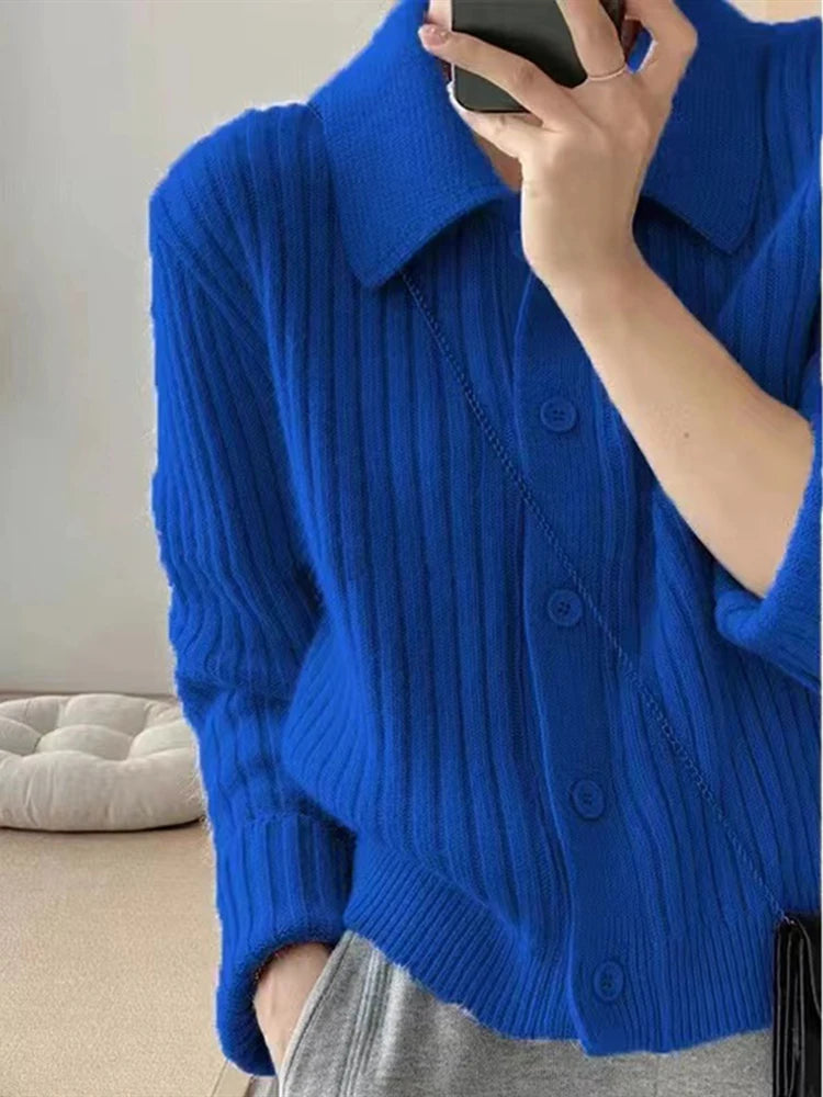 Autumn and Winter New Cashmere Sweater Women's Clothing Long Sleeved Top 100% Wool POLO Collar Knitted Cardigan  Milanni Fashion ROYAL BLUE XL 