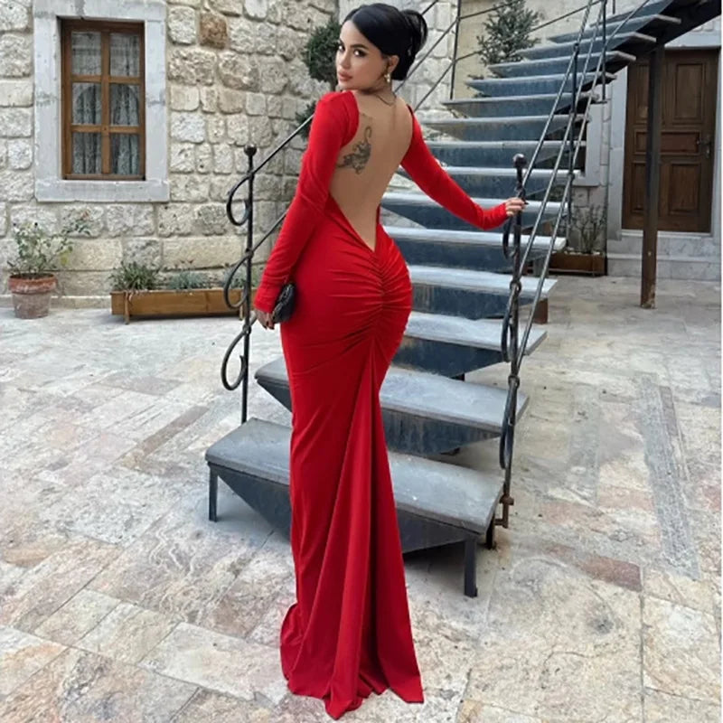 Slim Long-sleeved Backless Sexy Package Hip Dress New Style Dress Midi Dress Milanni Fashion   