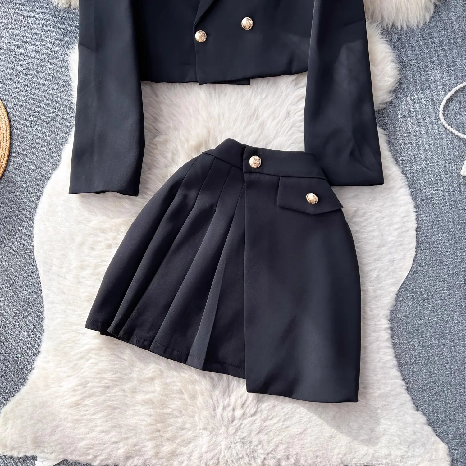 Crop Top Blazer & Mini Skirt Sweet Suit Ensemble Women's Fall Vintage Two Piece Set Milanni Fashion