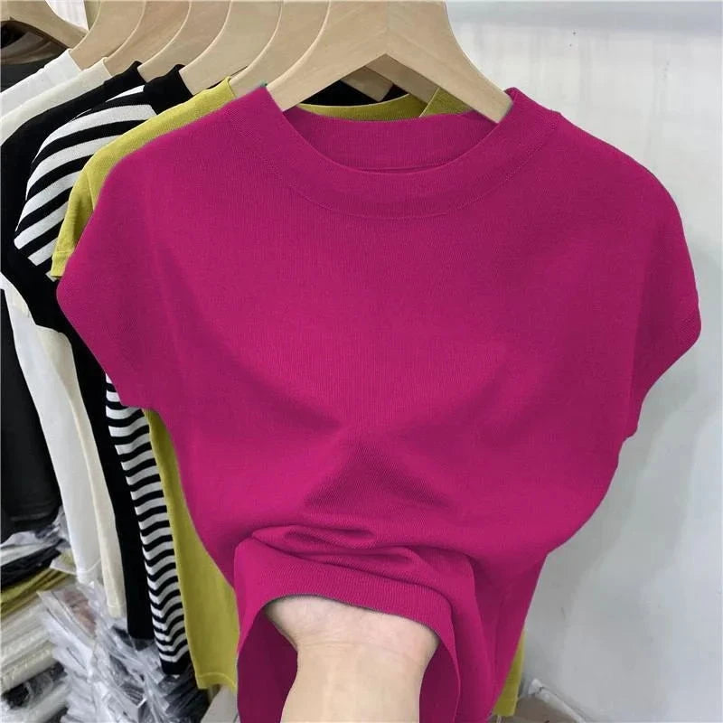 O-Neck Ice Silk Knitted T-Shirt Summer Thin Klein Blue Batwing Sleeve Top Women Shirt Milanni Fashion