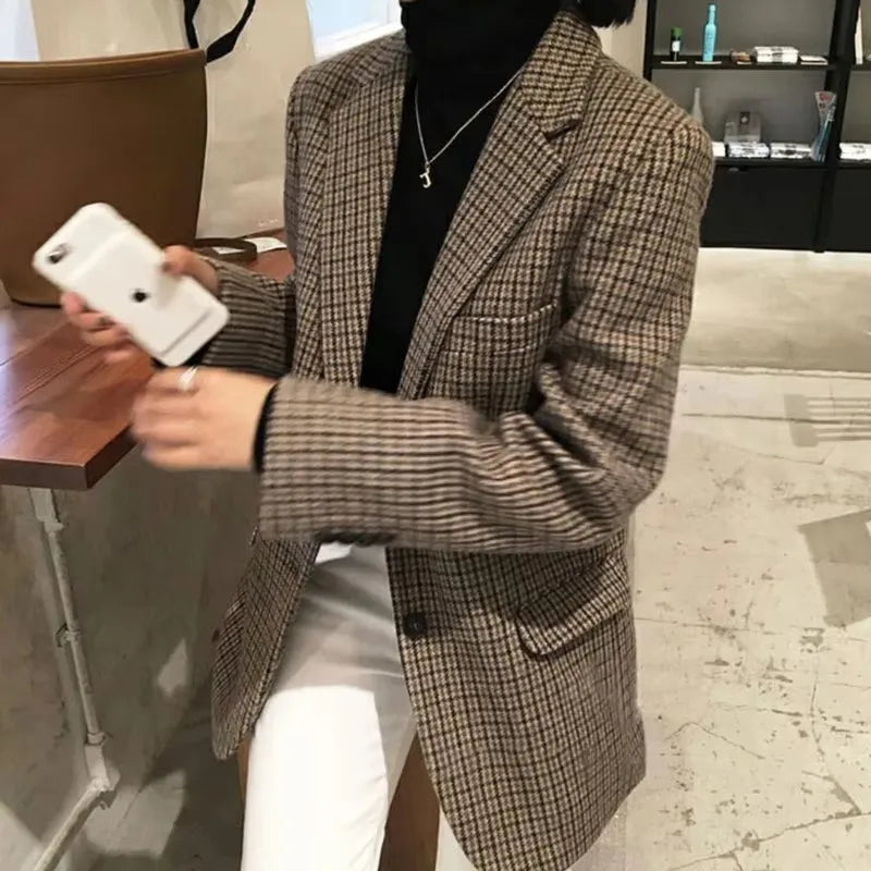 Retro Plaid Wool Suit Jacket Women Clothes 2024 Spring Autumn Large Size Blazer  Milanni Fashion Champagne XXXL 