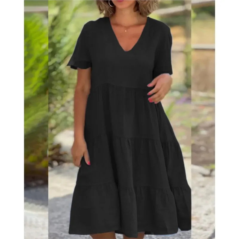 Trendy V-Neck Pullover Dress Loose Mid-Length Swing Casual Summer Dress for Women Milanni Fashion