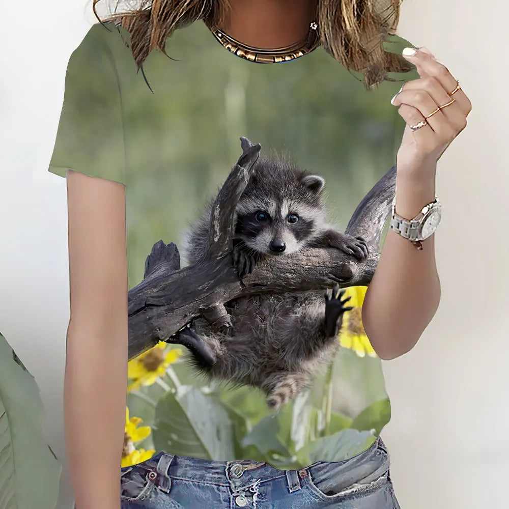 Animal Cute Raccoon 3D Print T-Shirt for Women Comfortable Graphic Tee for Casual Wear Milanni Fashion Green L