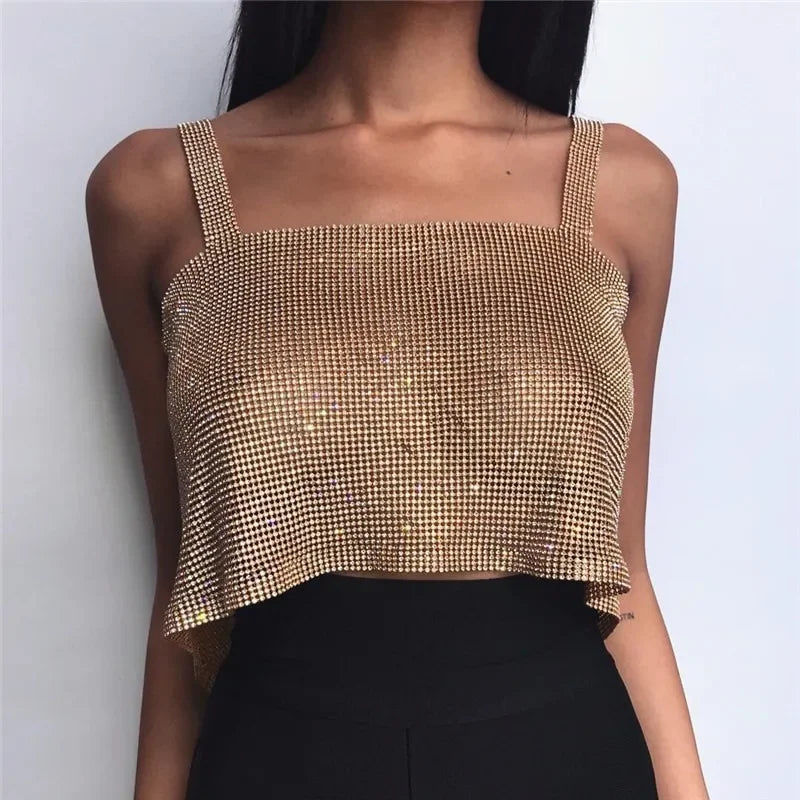 Bling Rhinestones Party Crop Top 2024 Fashion Solid Backless Straps Full Diamonds Sequins Cami Cropped Top  Milanni Fashion   