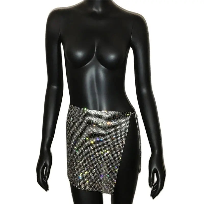 Sparkly Rhinestone Two Piece Set For Women Halter Backless Top & Split Mini Skirt for Party Milanni Fashion