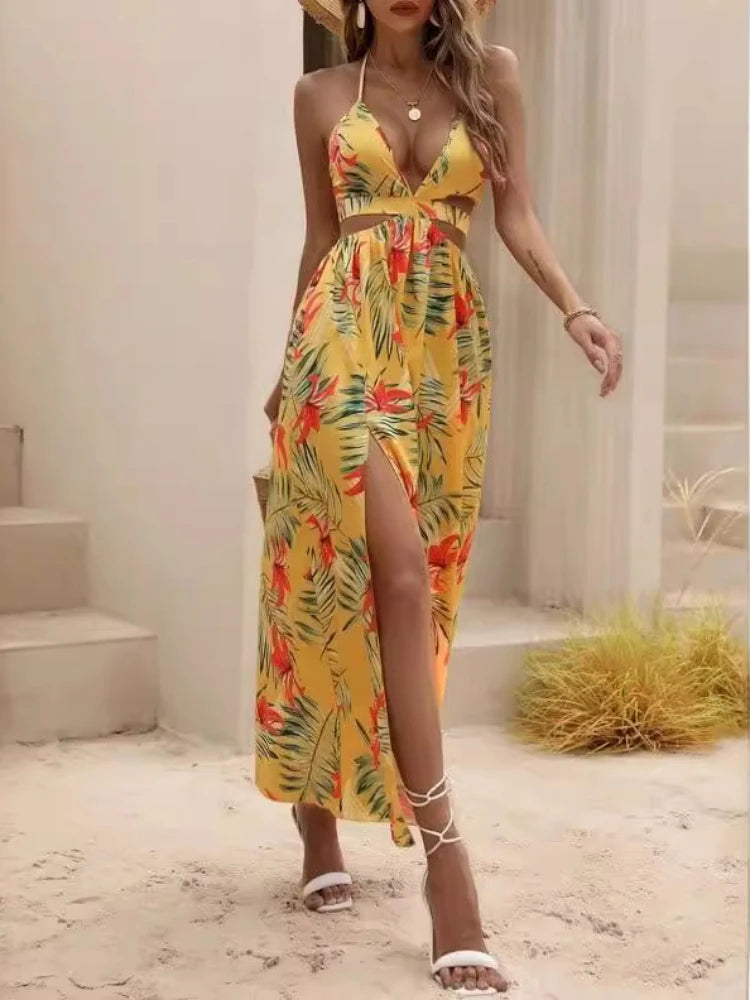 Elegant Printed Bohemian Sexy Beach Style Bareback Bow Split Party Women's Dress  Milanni Fashion   