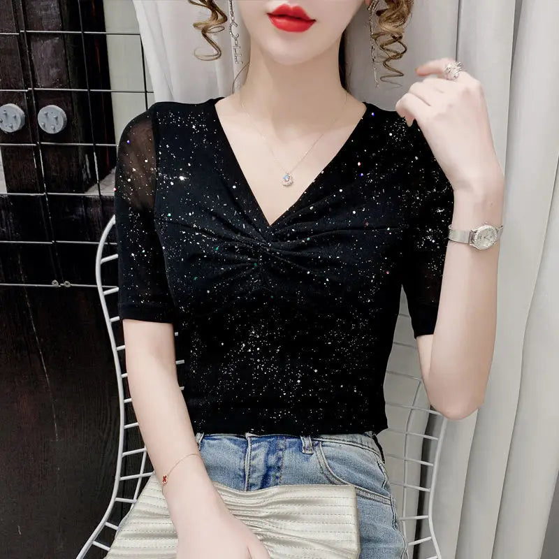 Short-Sleeved Women Mesh T-shirt Summer Shiny Pleated Silk Casual Black Bottoming Top Milanni Fashion