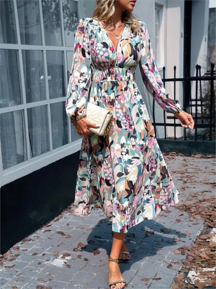 Women's 2024 Sexy V-neck Long-sleeved Dress Fashionable Floral Bohemian Resort Style Elegant Dress  Milanni Fashion   