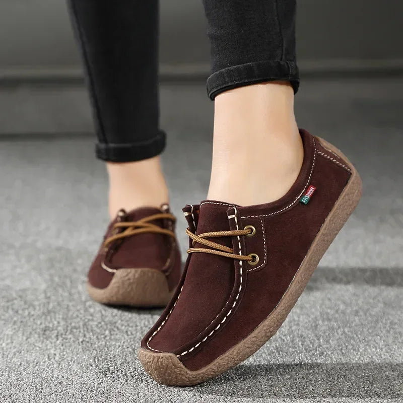 Suede Leather Flats Sneakers Lace Up Moccasins Ladies Shoes Fashion Loafers for Comfortable Stylish Wear Milanni Fashion