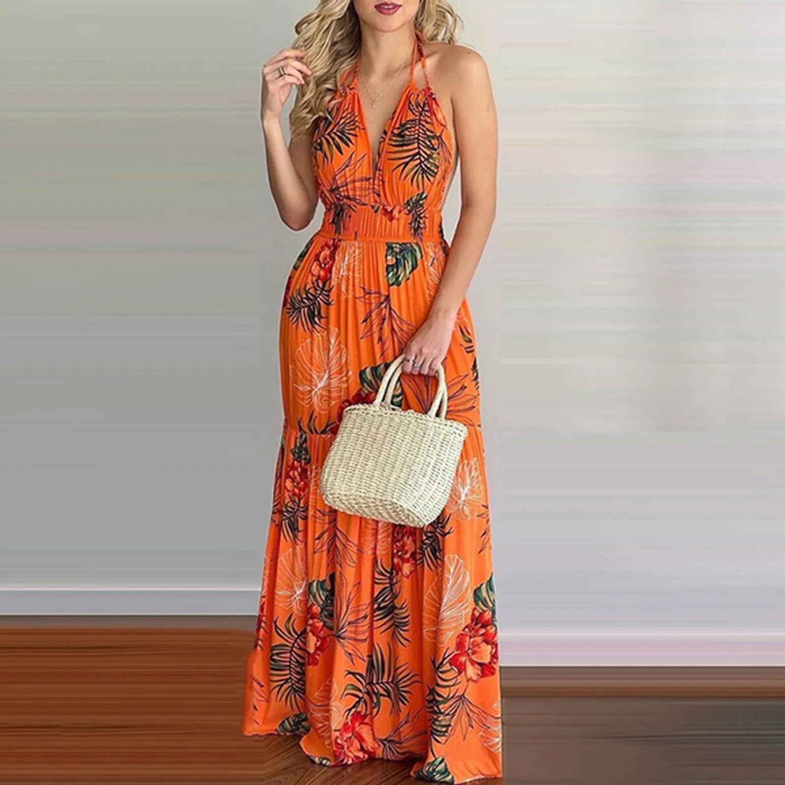 Bohemian Floral Casual Dress Sexy Backless Halter Strapless Beach Sundress Maxi Dress Milanni Fashion   