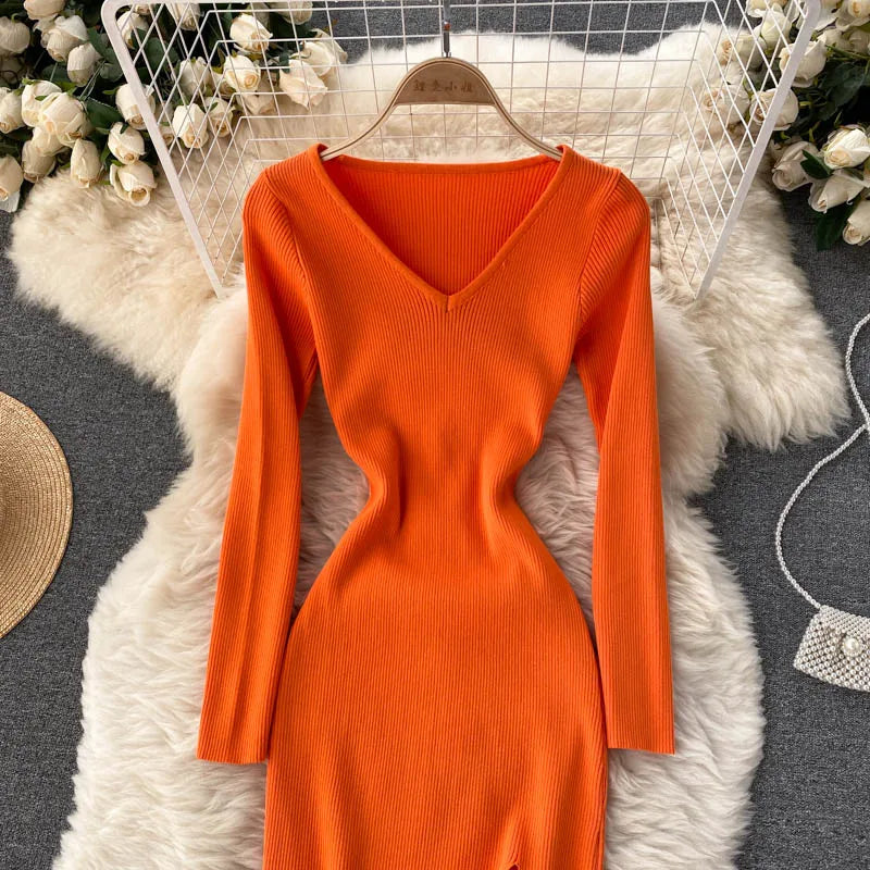 Sexy High Split Sweater Dress Women Full Sleeve Bodycon Slim Long Party Dress For Autumn Winter Milanni Fashion