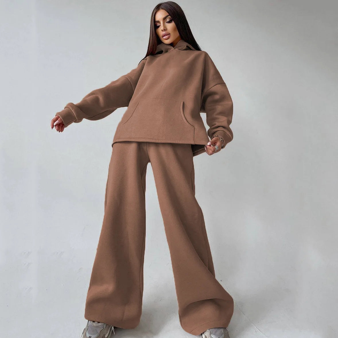 Hooded Pocket Hoodie Set Loose Top Wide Leg Trousers Casual Two-Piece Outfit for Women Milanni Fashion Brown S