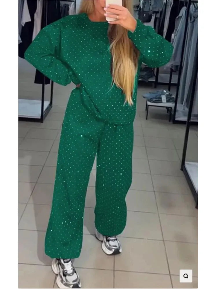 Fall Winter Shiny Leisure Suit Women Clothing O Neck Sweatshirt Pullover Tie-up Pants Tracksuit  Milanni Fashion green XL 