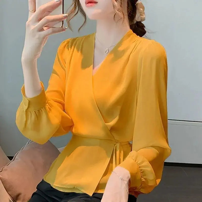 Stylish V-Neck Solid Color All-Match Bandage Chiffon Shirt Women's Spring Loose Korean Blouse Milanni Fashion