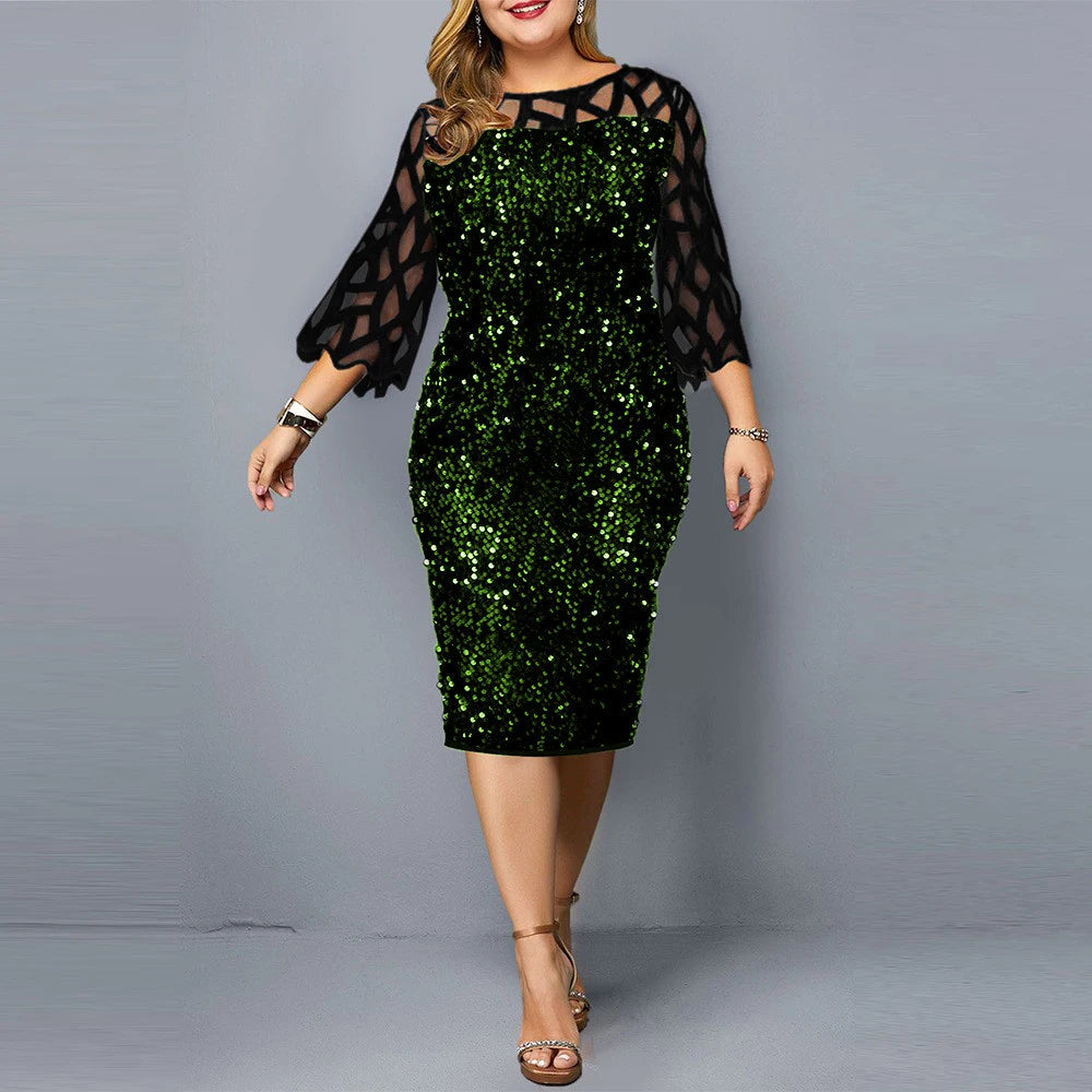 Large Sequin Plus Size Wedding Party Dress for Women Fashion Mesh Sleeve Lace Elegant Bodycon Dress Midi Dress Milanni Fashion   