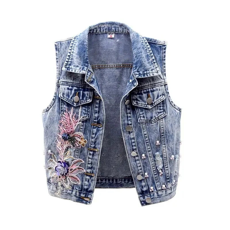 Women’s Embroidered Flower Denim Vest Beaded Waistcoat Sleeveless Slim Short Jacket Milanni Fashion