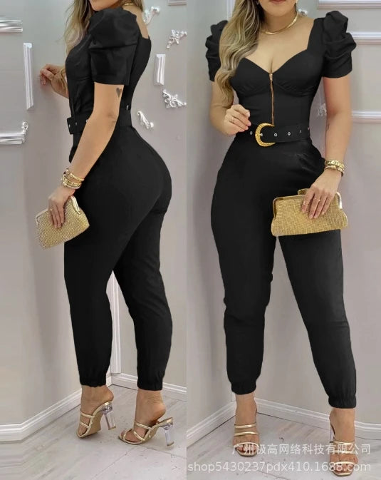 Elegant Streetwear Trendsetter Solid V-Neck Puff Sleeve High Waist Jumpsuit for Women Casual Chic Milanni Fashion