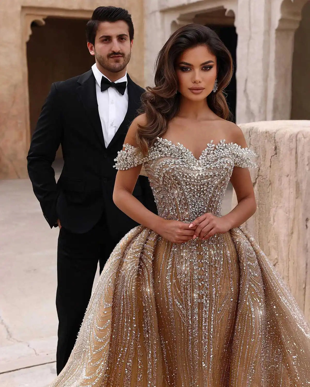 Luxurious Crystal Off Shoulder Bridal Gown Detachable Train Sequins Beading Bride Prom Dress Elegant Maxi Dress Milanni Fashion