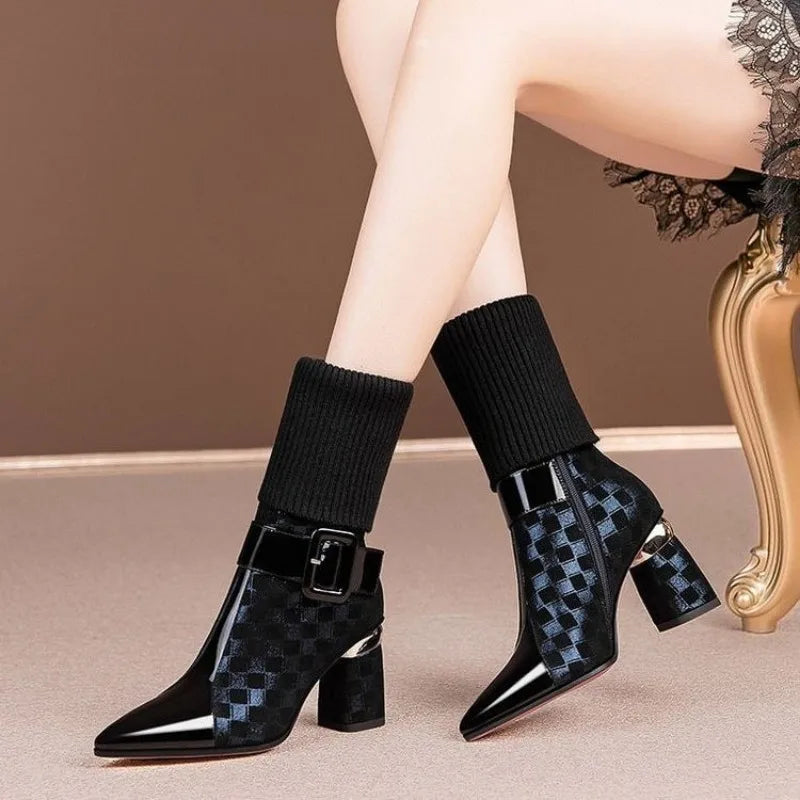 Thick Heel Stretch Fabric Women's Boots Winter Pointed Toe Zipper Fashion High Heel Boots for Women Milanni Fashion