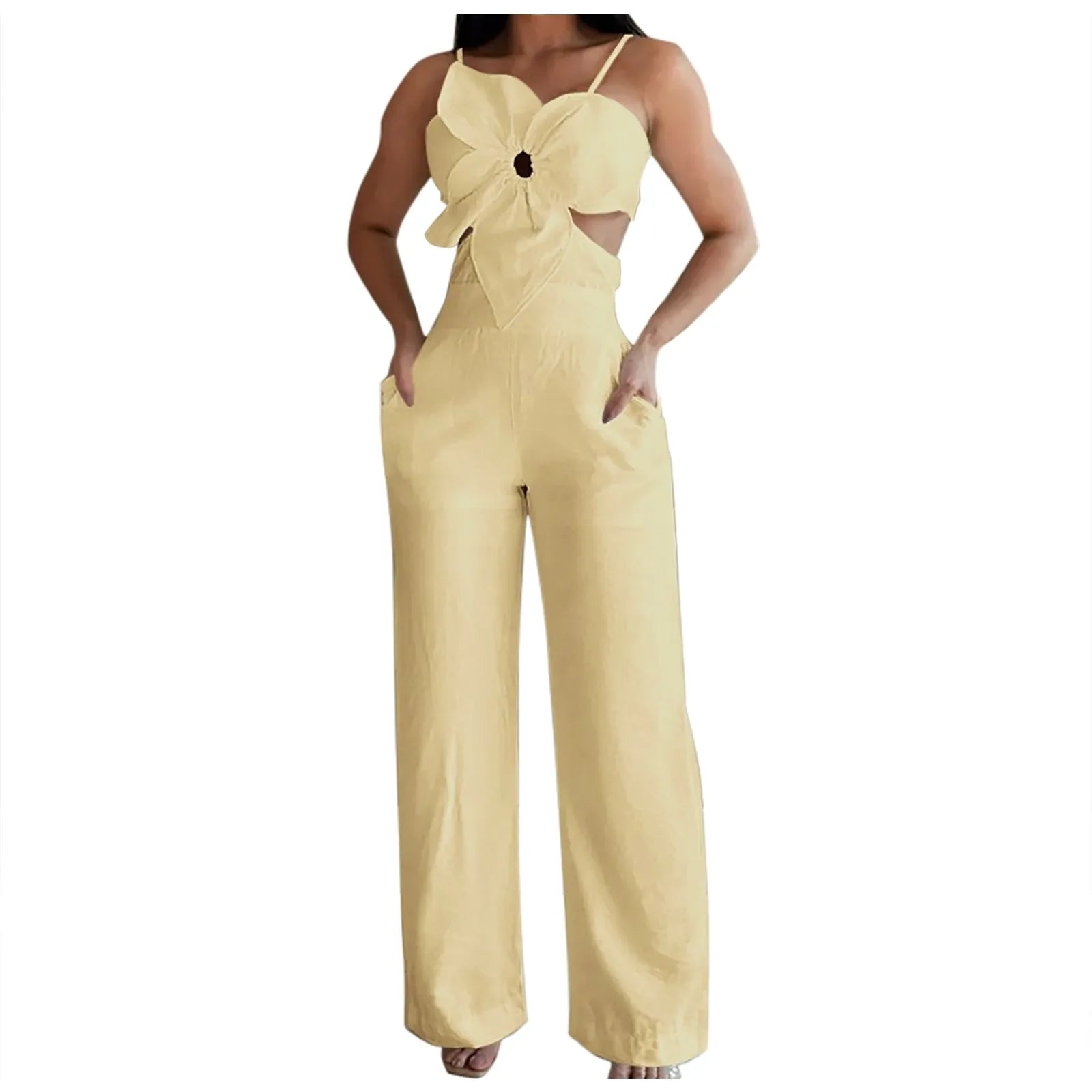 Suspender Jumpsuit Fashion Sleeveless Overalls Elegant Hollow Wide Leg Romper Casual Solid Long Jumpsuit Milanni Fashion