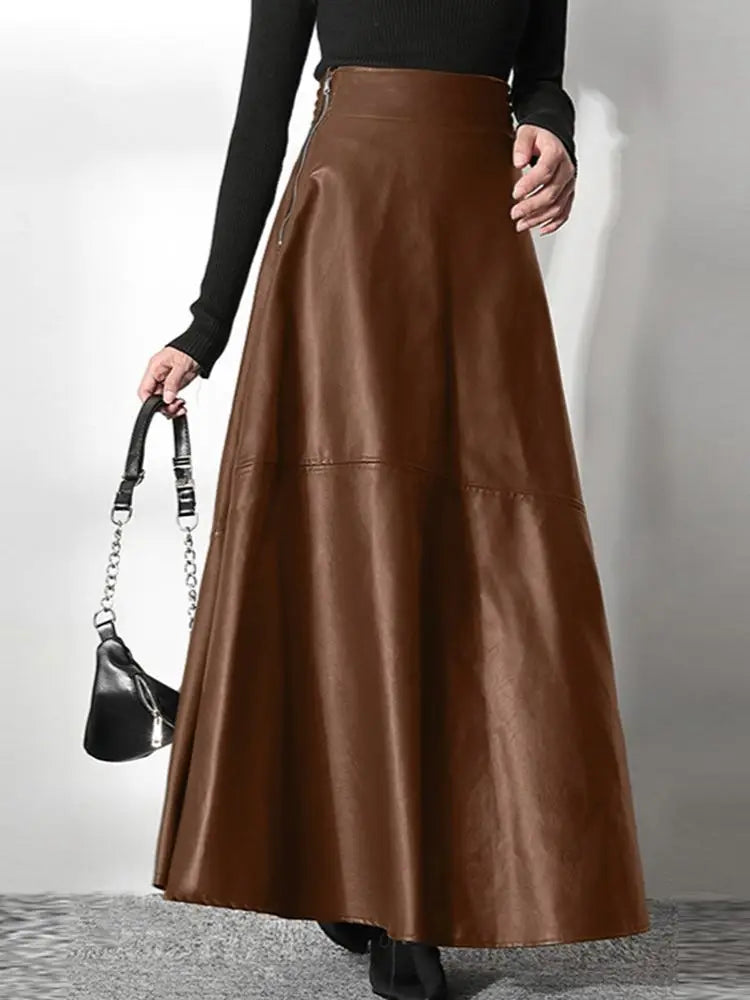 PU Leather Maxi Skirt Spring Elegant OL High Waist Zipper Solid Casual Fashion Skirt Milanni Fashion