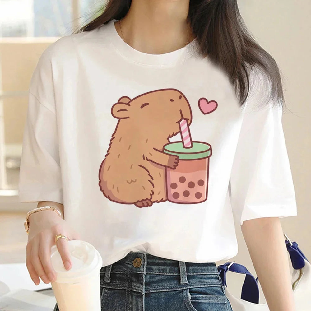 Cute Capybara Cotton T-Shirt for Women Vintage Cartoon Graphic Tee Top Casual Stylish Apparel Milanni Fashion White S