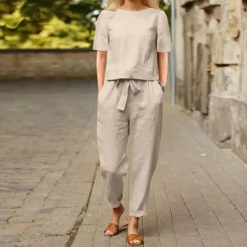 Pullover Shirt and Pants Two-Piece Set Short Sleeved O-Neck Outfit Stylish and Comfortable Ensemble Milanni Fashion Khaki XXXL