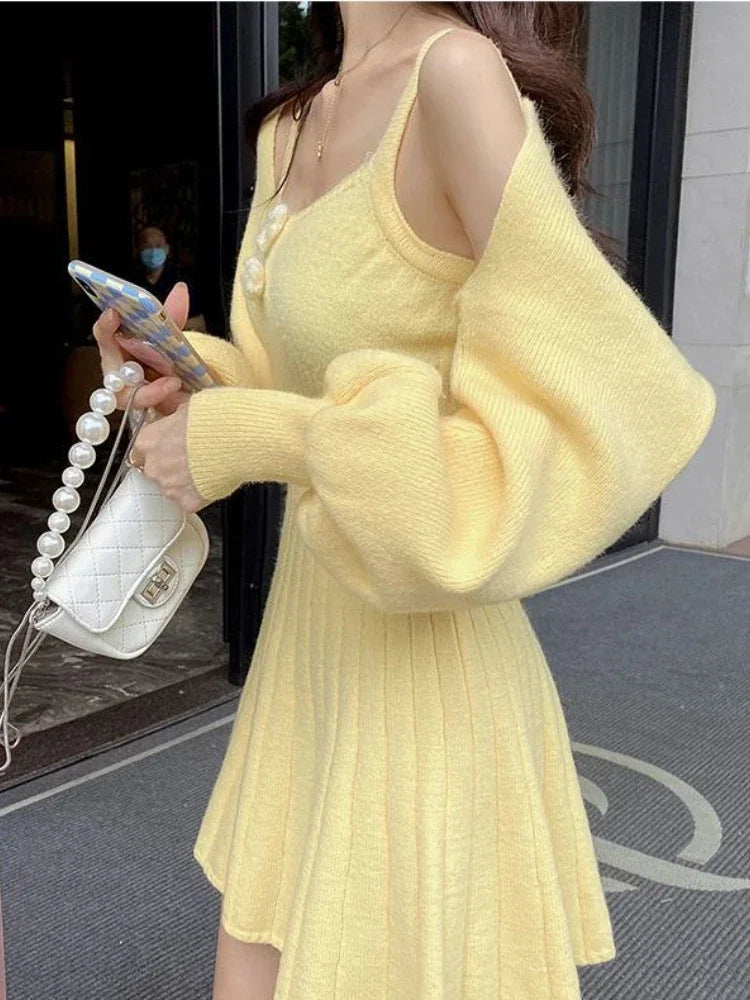 Knitted Two-Piece Dress Set for Women Casual Long-Sleeve Coat and Sleeveless Strap Dress Outfit Milanni Fashion