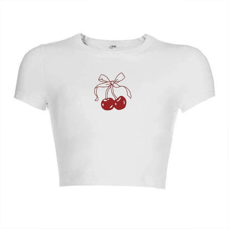 Aesthetics Kawaii Cherry Graphic Tee for Women Short Sleeve Slim Fit Casual T-Shirt Stylish Summer Top Milanni Fashion White L