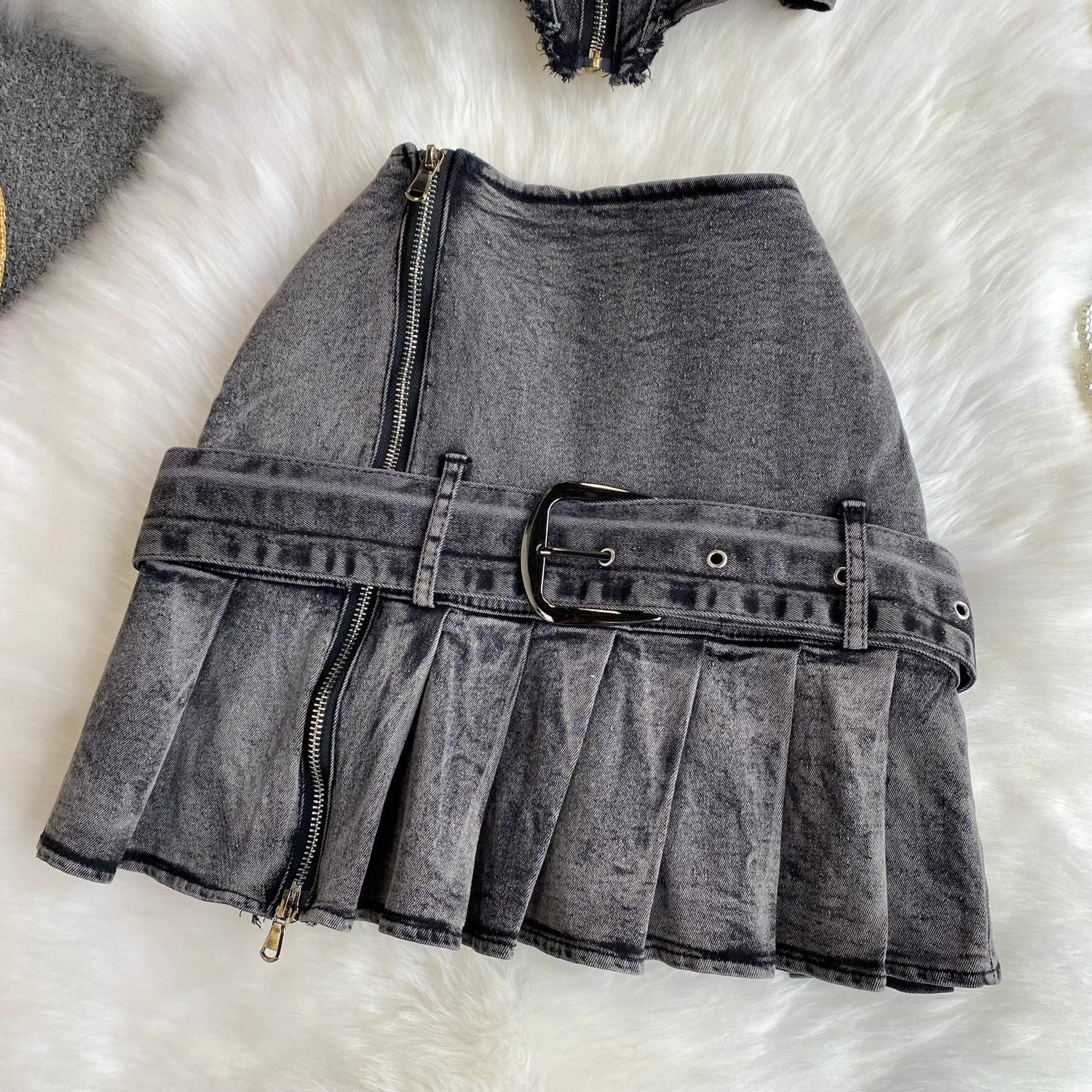 Chic Zipper Sashes Irregular Top And Belt Pleated Jeans Mini Skirt Women Two Piece Set  Milanni Fashion   