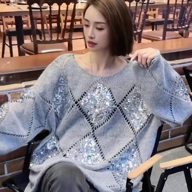 Loose Hollow Out Glitter O-neck Long Sleeve Knitwear Stylish Women’s Casual Sweater Top Milanni Fashion