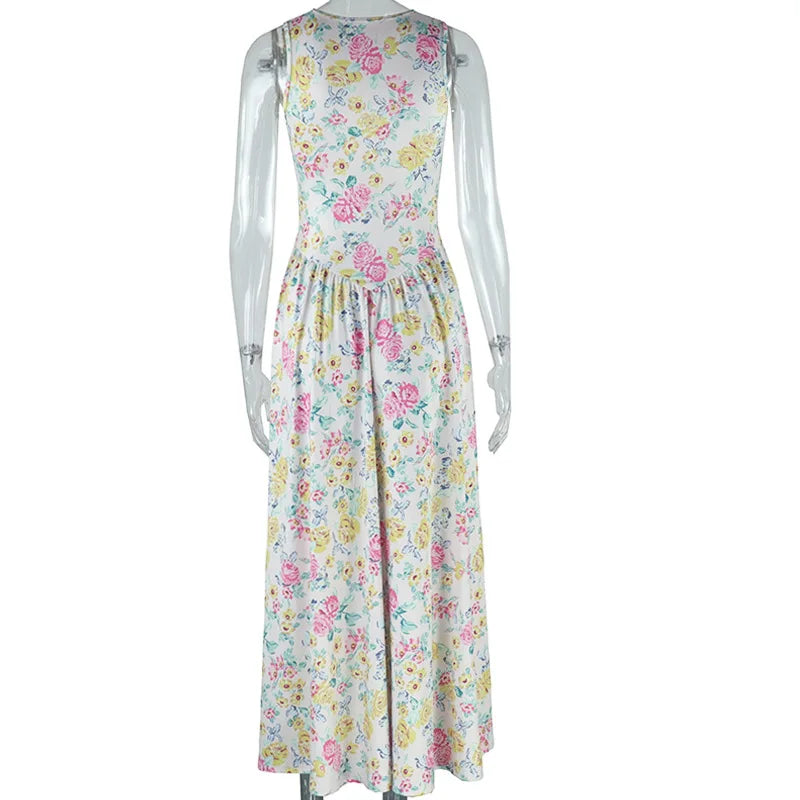 Ladies Street Pastoral Holiday Dress Fall Floral Sleeveless V-Neck High Waist A-Line Dress Maxi Dress Milanni Fashion   