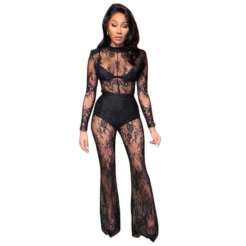 Black Lace Sheer Sexy Night Club Long Sleeve One-Piece Wide Leg Jumpsuit for Women Summer Outfit Milanni Fashion