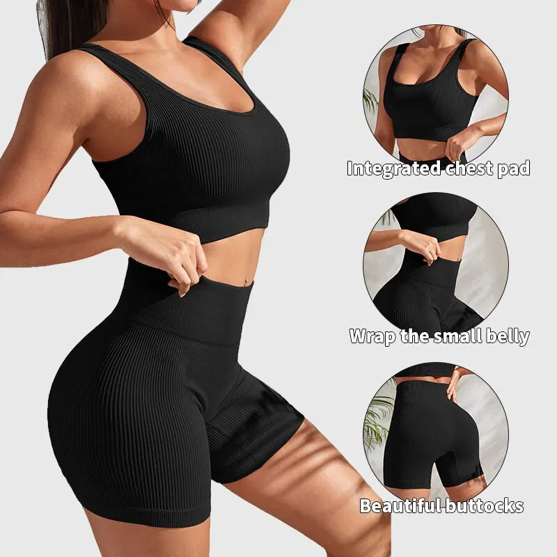 Seamless Ribbed Yoga Set for Women - Ribbed Crop Tank & High Waist Shorts Outfit  Milanni Fashion   