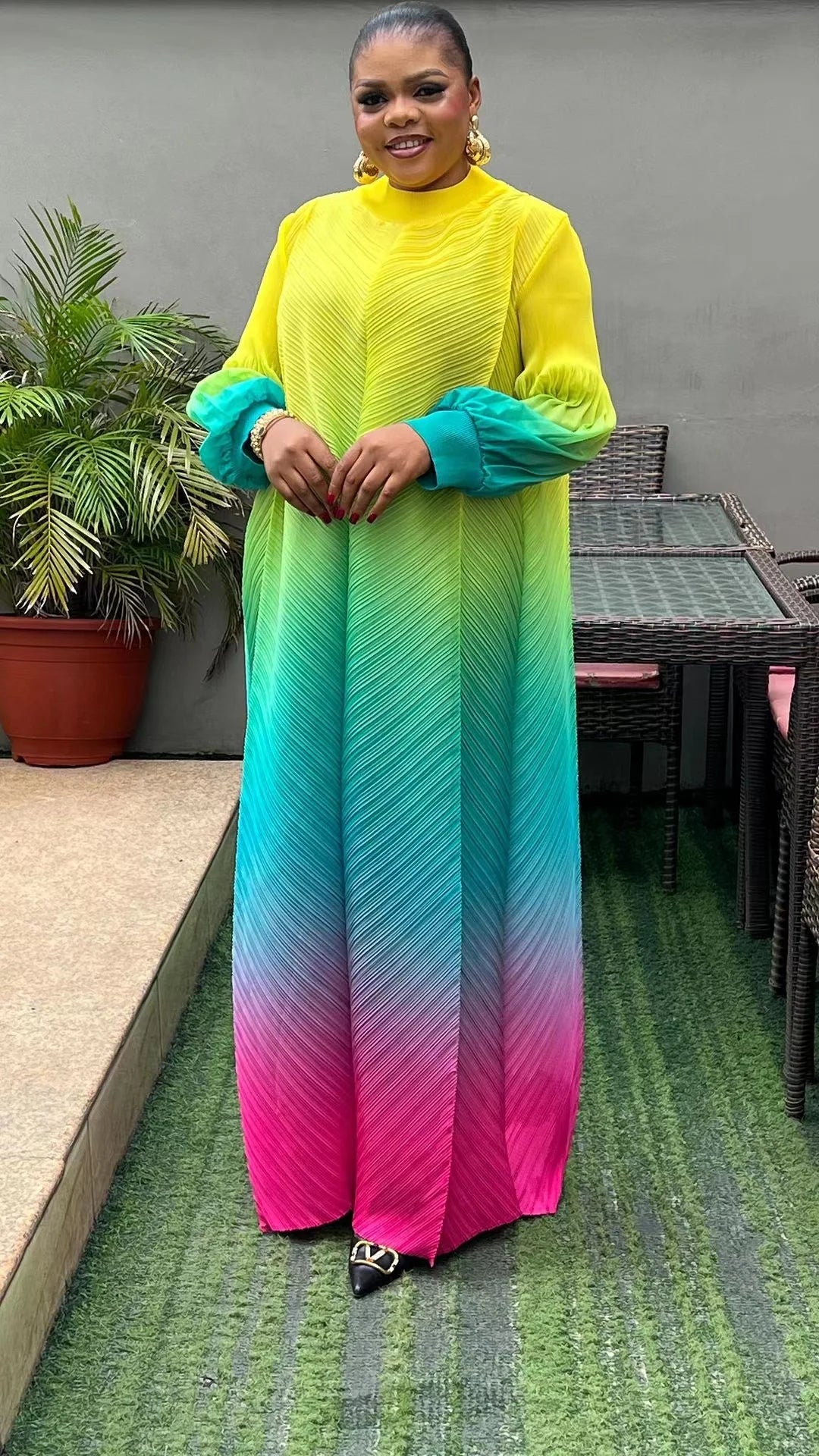 Pleated Maxi Long Dress Gradient Color Lantern Sleeves Half Turtleneck Formal Dress Maxi Dress Milanni Fashion Yellow One Size 