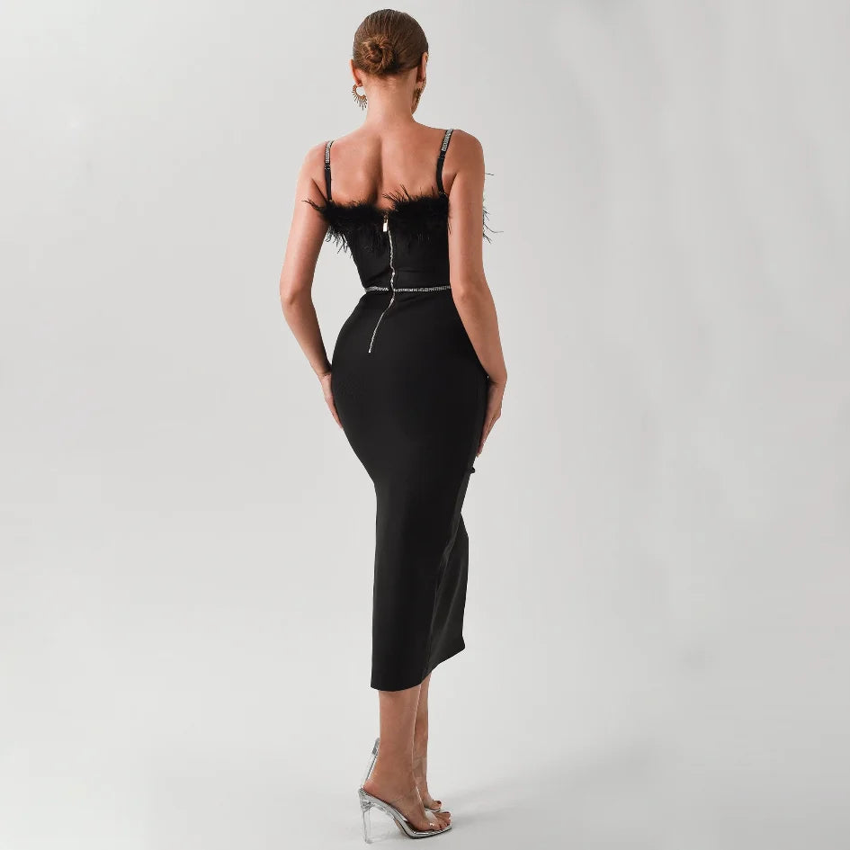 Sexy Summer Bandage Dress Women Feather Elegant Evening Cocktail Party Club Bodycon Midi Dress Midi Dress Milanni Fashion   