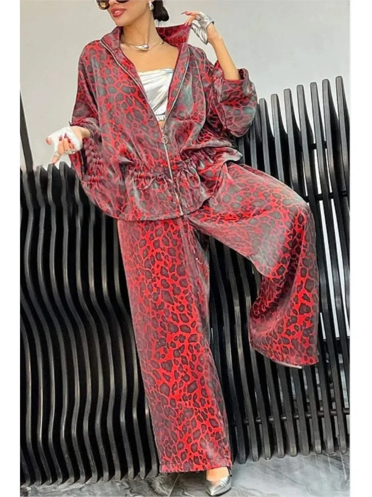 Casual Leopard Velvet Zipper Coat and Wide Leg Pants Set for Women Autumn Winter Girdle Print Outfit Milanni Fashion