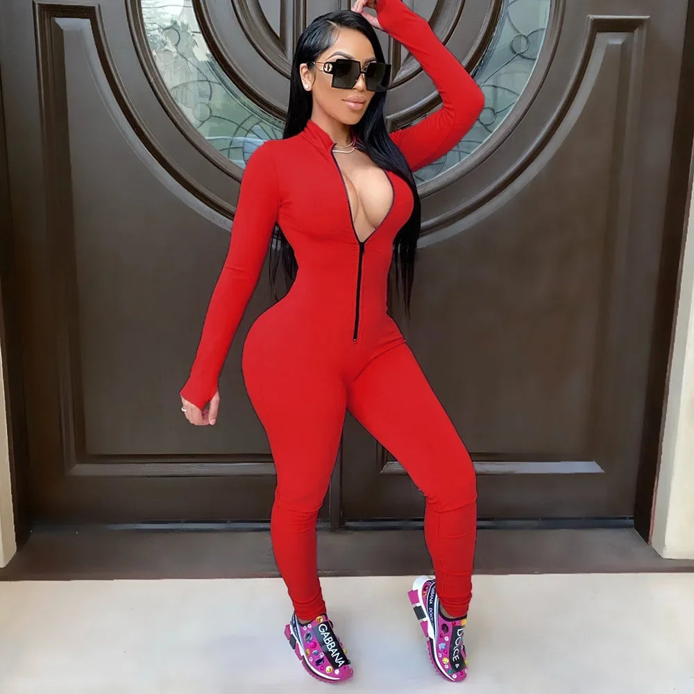 Solid Color Long Sleeve Deep V Bodycon Romper Fashion Zip Up Fitness Long Overalls Jumpsuit Milanni Fashion