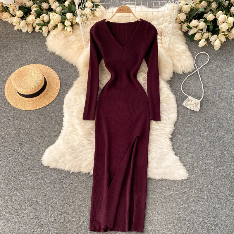 Sexy High Split Sweater Dress Women Full Sleeve Bodycon Slim Long Party Dress For Autumn Winter Milanni Fashion