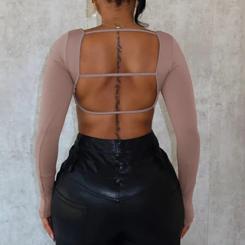 Sexy Cross Bandage Backless Long Sleeve Crop Top Women Bare Midriff Bottoming Tee Shirt Milanni Fashion