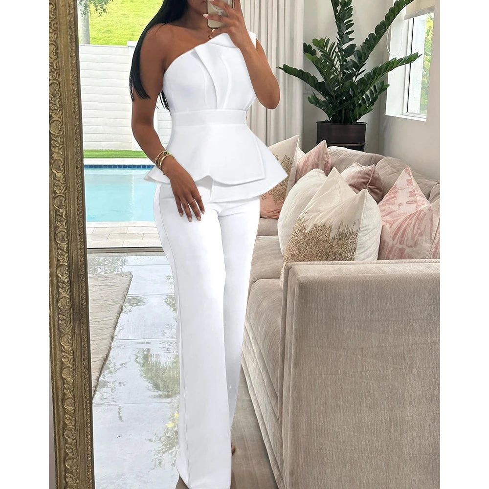 One Shoulder Ruched Top & Straight Leg Pants Set Elegant Solid Color Two Piece Set Two piece set Milanni Fashion   