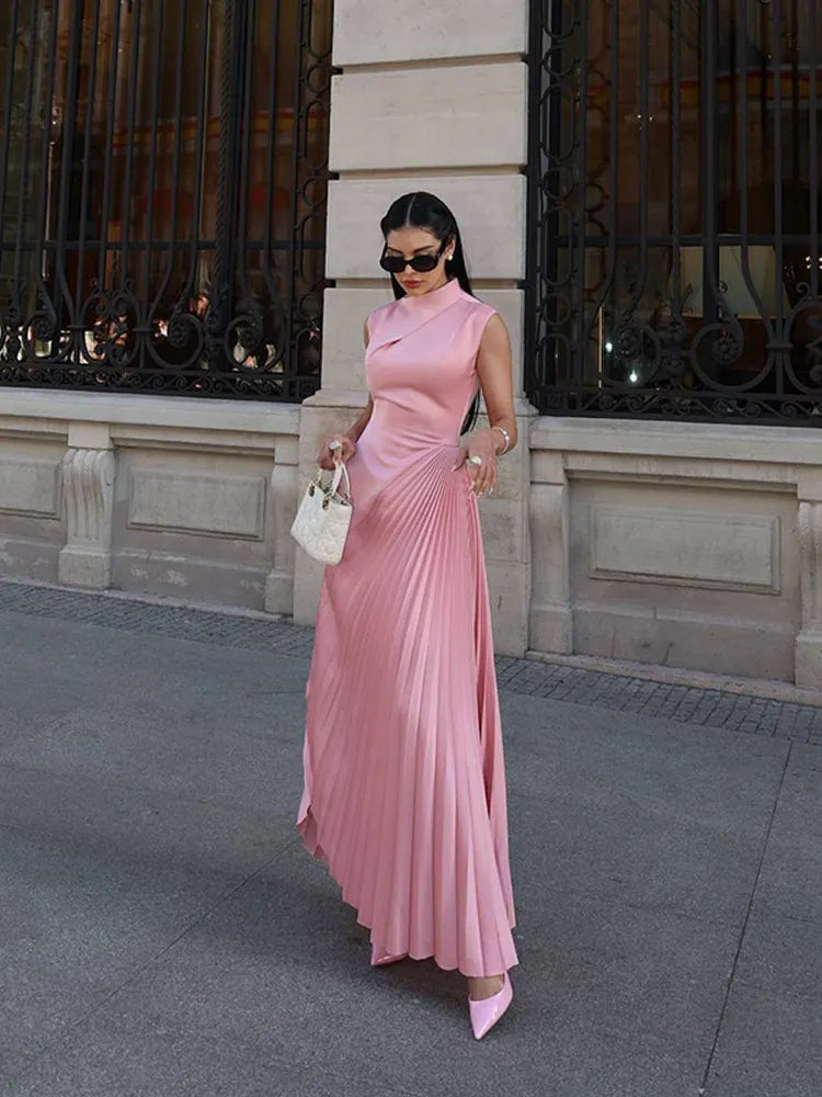 Solid Color Half Collar Long Dress Women Sleeveless Irregular Ruffle Maxi Dress Elegant Fashion Milanni Fashion