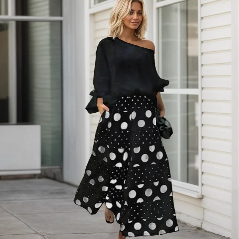 Solid Slant Collar T-Shirt & Polka Dot Loose Pants Women's Casual Two-Piece Suit Set Stylish Outfit Milanni Fashion Black S