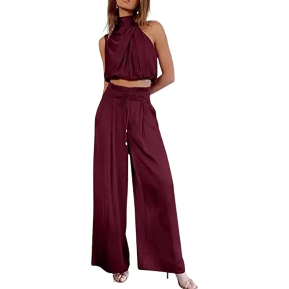 Women's Two Piece Outfit Silk Pleated Sleeveless Top Wide Leg Pant Set  Milanni Fashion Wine Red XXL 