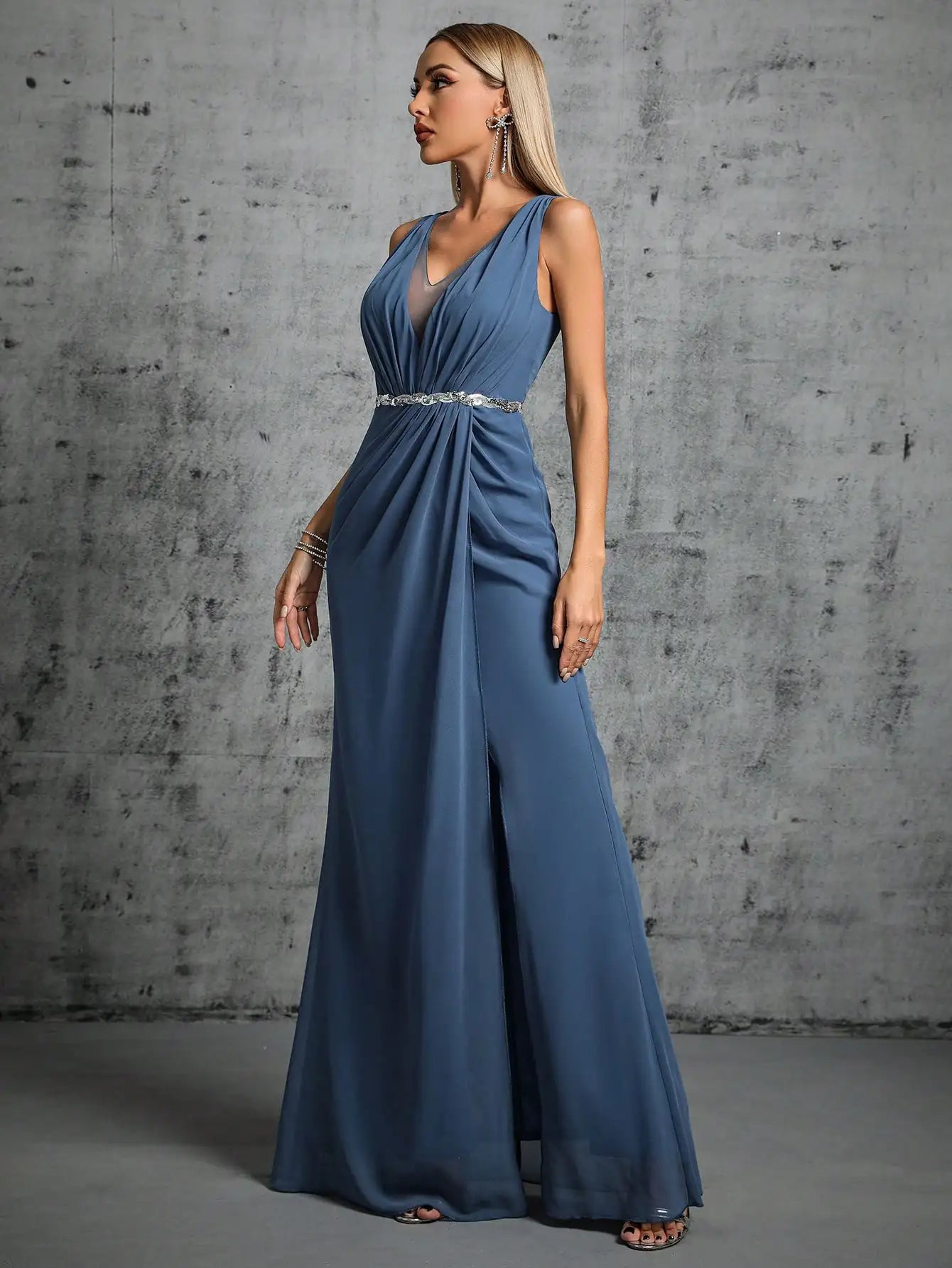 Deep V-neck Silver Sequin Belt Pleated Chiffon Slit Skirt Evening Gown Ball Dress Maxi Dress Milanni Fashion   