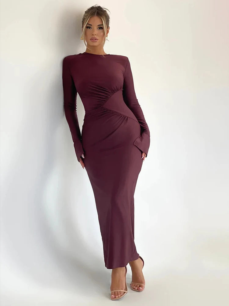 Pleated Slim Bodycon Dress Women Autumn Winter Dress Nightclub Sexy Party Elegant Maxi Long Dress Midi Dress Milanni Fashion L Claret 