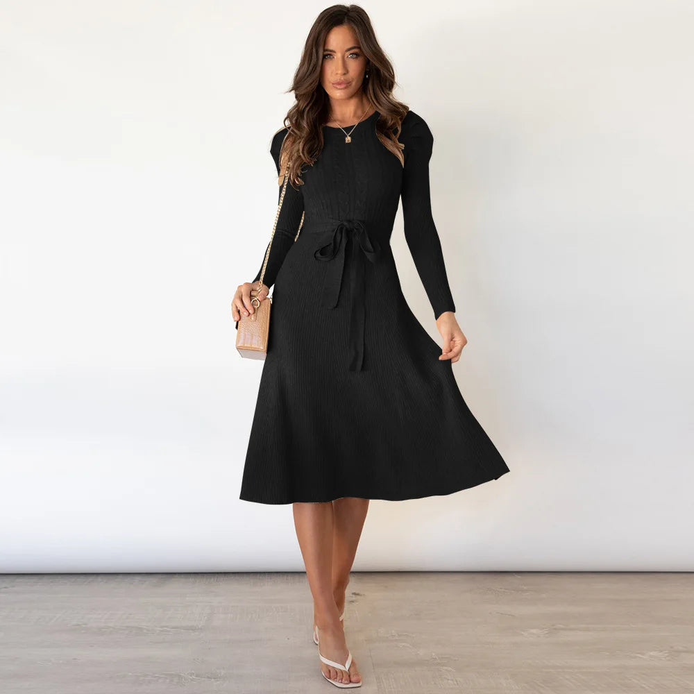 Bubble Long-Sleeved Knit Dress Mid-Length Temperament Thin High-Waisted Big Swing Bottoming Sweater Skirt Maxi Dress Milanni Fashion LQ163-molv L United States